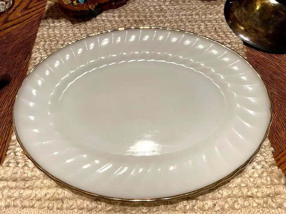 Anchor Hocking Milk Glass Serving Plate with Gold Trim
